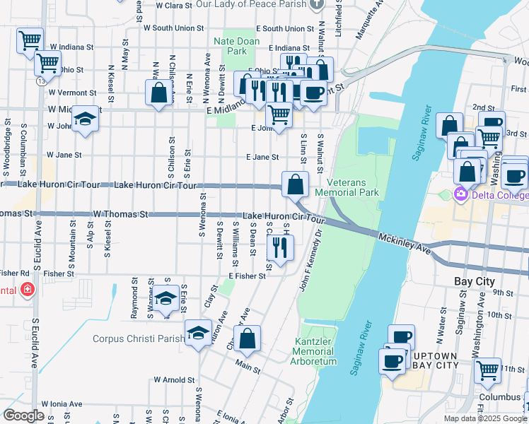 map of restaurants, bars, coffee shops, grocery stores, and more near 415 South Catherine Street in Bay City