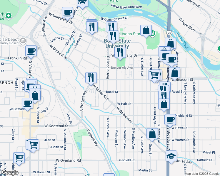 map of restaurants, bars, coffee shops, grocery stores, and more near 1220 South Lincoln Avenue in Boise