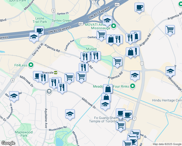 map of restaurants, bars, coffee shops, grocery stores, and more near 2250 Argentia Road in Mississauga