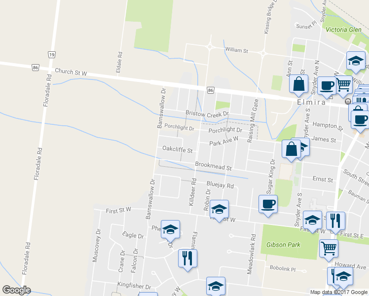 map of restaurants, bars, coffee shops, grocery stores, and more near 80 Coral Gables Crescent in Elmira