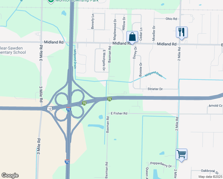 map of restaurants, bars, coffee shops, grocery stores, and more near 4917 Baxman Road in Bay City