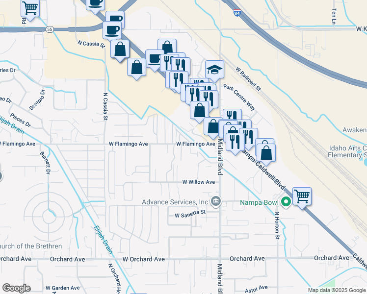 map of restaurants, bars, coffee shops, grocery stores, and more near 1215 West Flamingo Avenue in Nampa