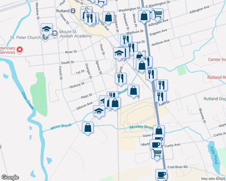 map of restaurants, bars, coffee shops, grocery stores, and more near 66 Plain Street in Rutland