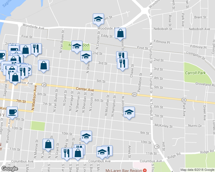 map of restaurants, bars, coffee shops, grocery stores, and more near 803 North McLellan Street in Bay City