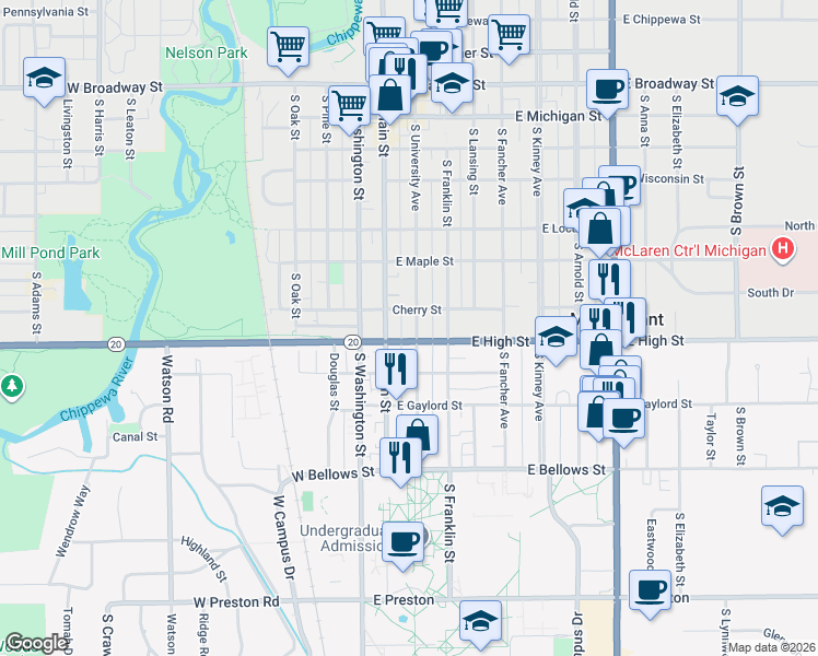 map of restaurants, bars, coffee shops, grocery stores, and more near 708 South University Avenue in Mount Pleasant