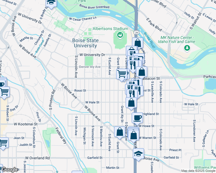 map of restaurants, bars, coffee shops, grocery stores, and more near 1221 South Euclid Avenue in Boise