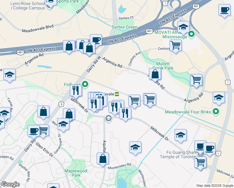 map of restaurants, bars, coffee shops, grocery stores, and more near 6845 Millcreek Drive in Mississauga