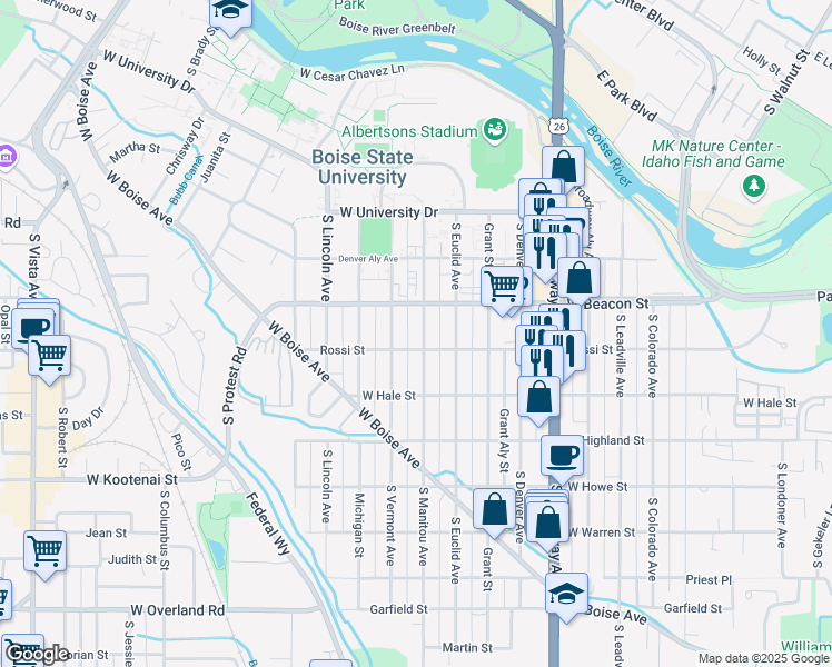 map of restaurants, bars, coffee shops, grocery stores, and more near 1225 South Manitou Avenue in Boise