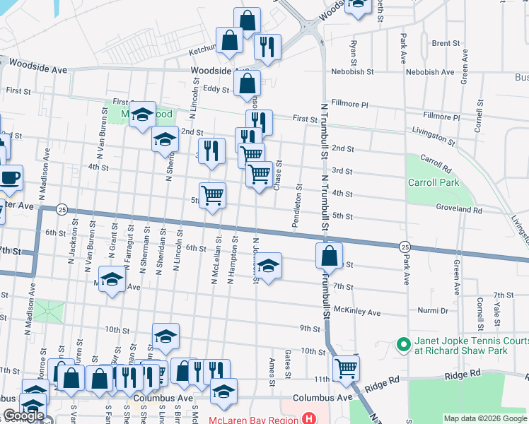 map of restaurants, bars, coffee shops, grocery stores, and more near 1810 5th Street in Bay City