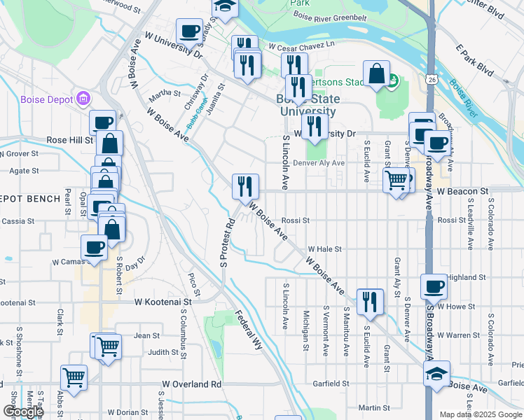 map of restaurants, bars, coffee shops, grocery stores, and more near 1825 Beacon Street in Boise