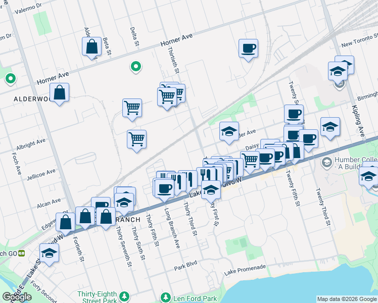 map of restaurants, bars, coffee shops, grocery stores, and more near 57 Thirty Second Street in Toronto