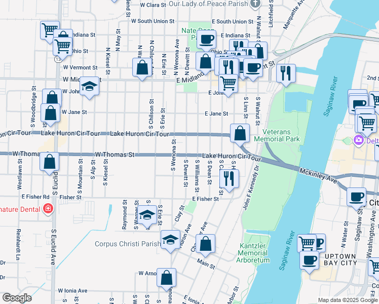 map of restaurants, bars, coffee shops, grocery stores, and more near 415 South Dewitt Street in Bay City