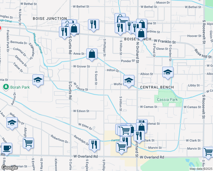 map of restaurants, bars, coffee shops, grocery stores, and more near 714 S Phillippi St in Boise