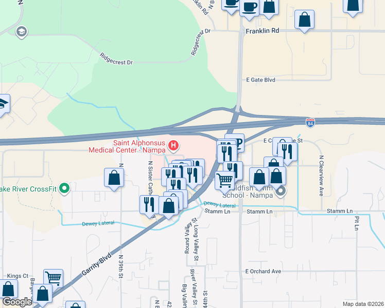map of restaurants, bars, coffee shops, grocery stores, and more near 4400 East Flamingo Avenue in Nampa