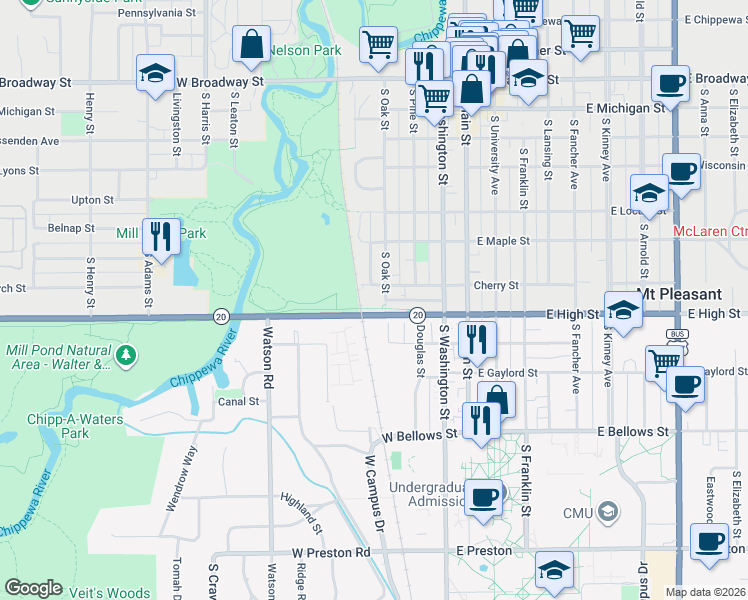 map of restaurants, bars, coffee shops, grocery stores, and more near 715 South Oak Street in Mount Pleasant