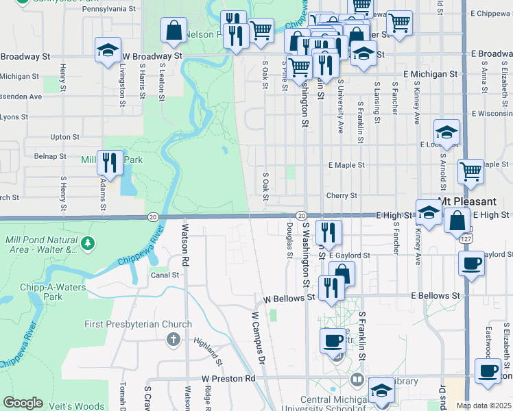 map of restaurants, bars, coffee shops, grocery stores, and more near 715 South Oak Street in Mount Pleasant