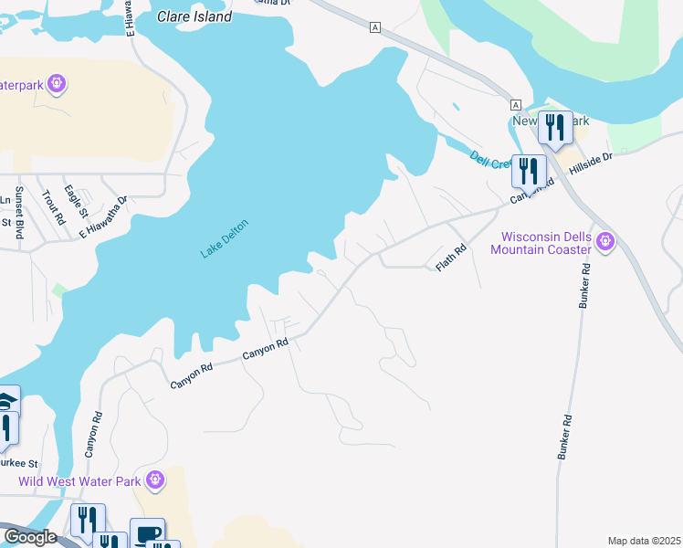 map of restaurants, bars, coffee shops, grocery stores, and more near 1093 Canyon Road in Wisconsin Dells