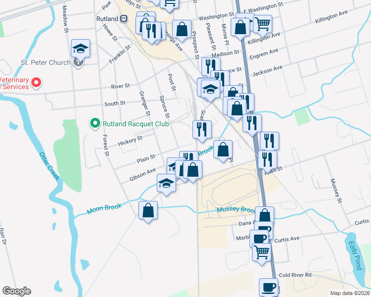 map of restaurants, bars, coffee shops, grocery stores, and more near 66 Plain Street in Rutland