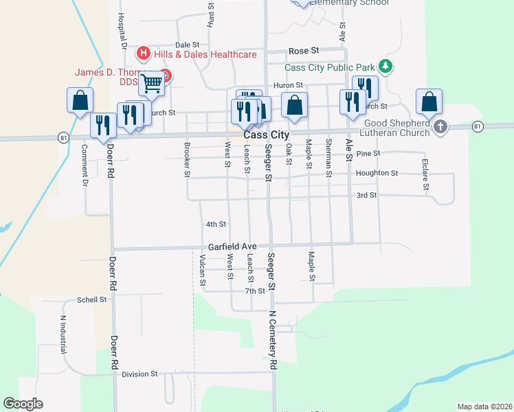 map of restaurants, bars, coffee shops, grocery stores, and more near 6470 3rd Street in Cass City