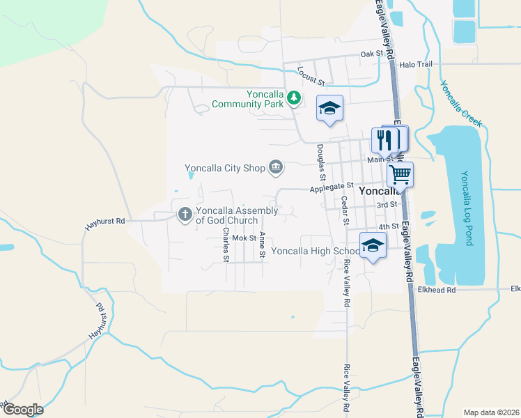 map of restaurants, bars, coffee shops, grocery stores, and more near 727 Hayhurst Road in Yoncalla