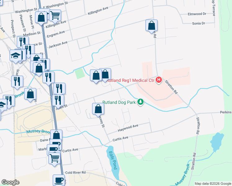 map of restaurants, bars, coffee shops, grocery stores, and more near 92 Allen Street in Rutland