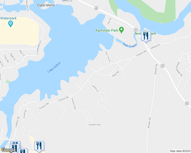 map of restaurants, bars, coffee shops, grocery stores, and more near 1140 Canyon Road in Wisconsin Dells