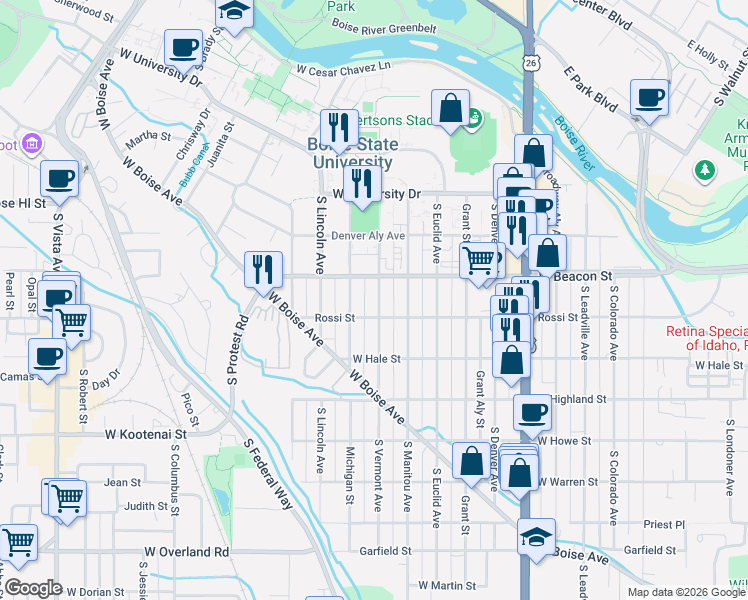 map of restaurants, bars, coffee shops, grocery stores, and more near 1514 Rossi Street in Boise