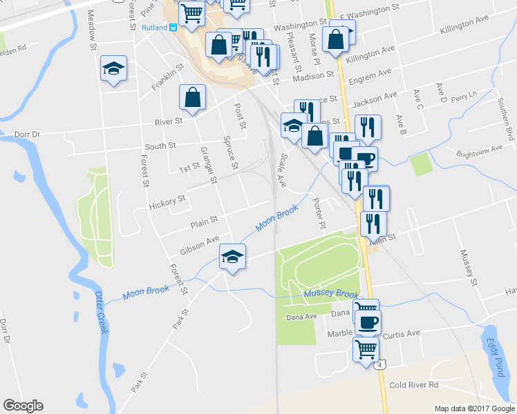 map of restaurants, bars, coffee shops, grocery stores, and more near 66 Plain Street in Rutland