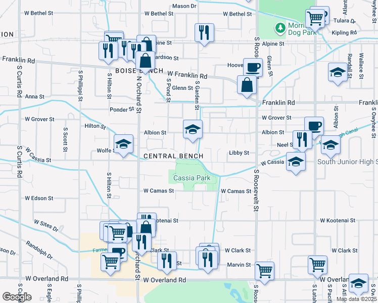 map of restaurants, bars, coffee shops, grocery stores, and more near 746 South Coral Place in Boise