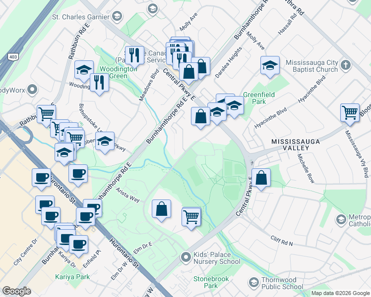 map of restaurants, bars, coffee shops, grocery stores, and more near 1300 Mississauga Valley Boulevard in Mississauga
