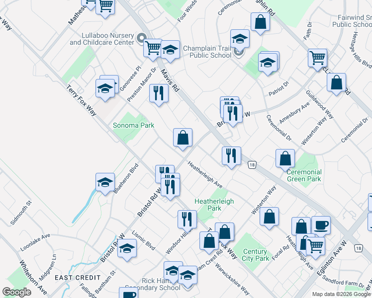 map of restaurants, bars, coffee shops, grocery stores, and more near 923 Bristol Road West in Mississauga