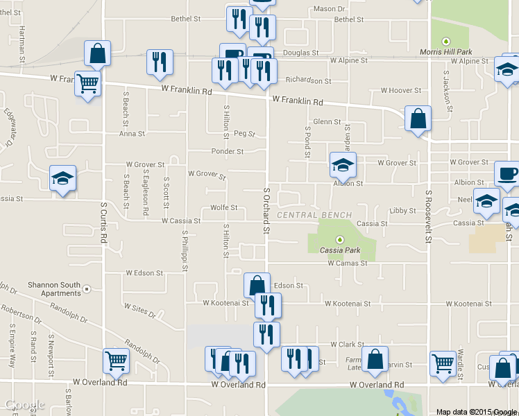 map of restaurants, bars, coffee shops, grocery stores, and more near 799 South Orchard Street in Boise