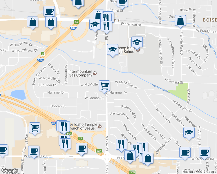map of restaurants, bars, coffee shops, grocery stores, and more near 708 South Cole Road in Boise