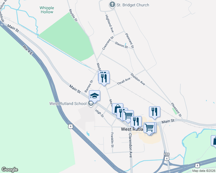 map of restaurants, bars, coffee shops, grocery stores, and more near 74 Thrall Avenue in West Rutland