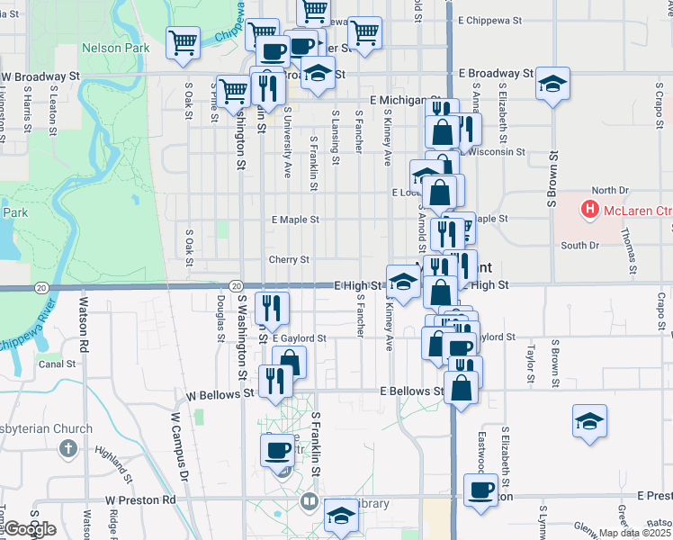 map of restaurants, bars, coffee shops, grocery stores, and more near 307-485 East High Street in Mount Pleasant