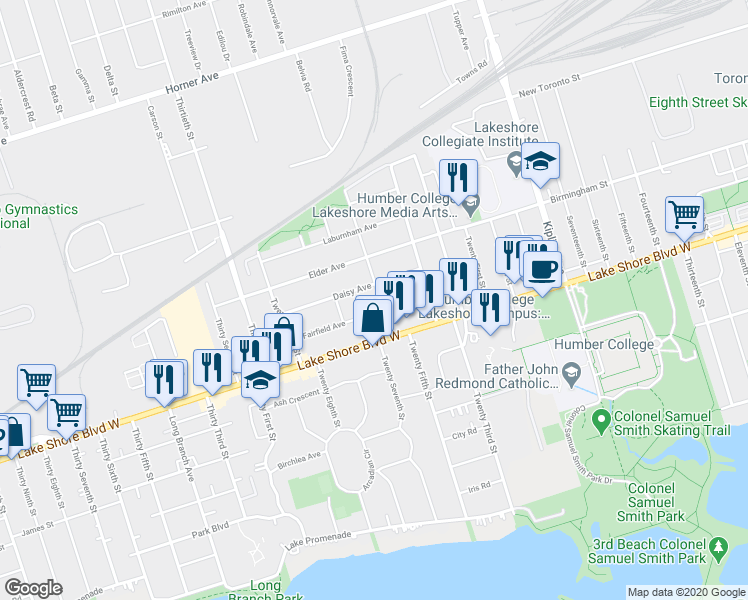 map of restaurants, bars, coffee shops, grocery stores, and more near 14 Twenty Sixth Street in Toronto