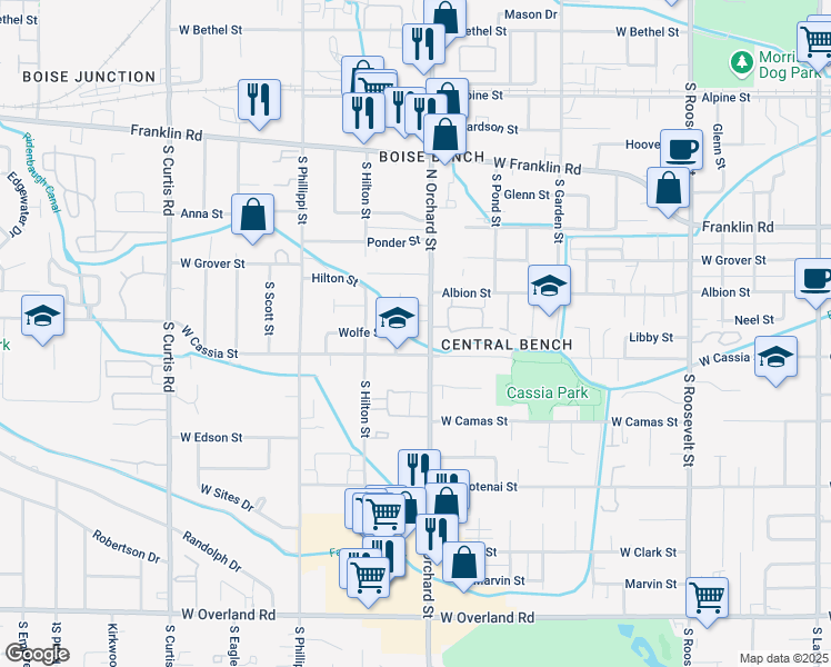 map of restaurants, bars, coffee shops, grocery stores, and more near 707 South Orchard Street in Boise