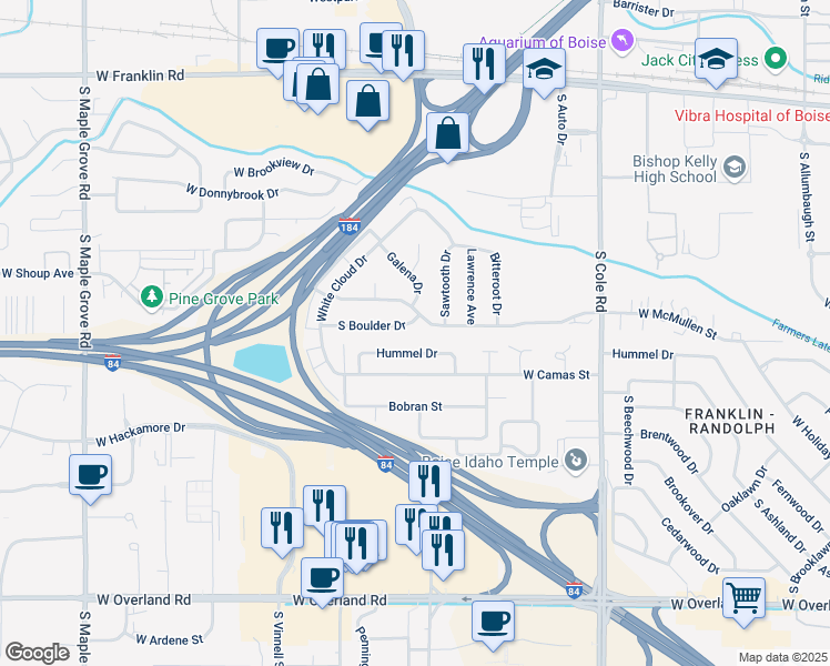 map of restaurants, bars, coffee shops, grocery stores, and more near 7936 Hummel Drive in Boise