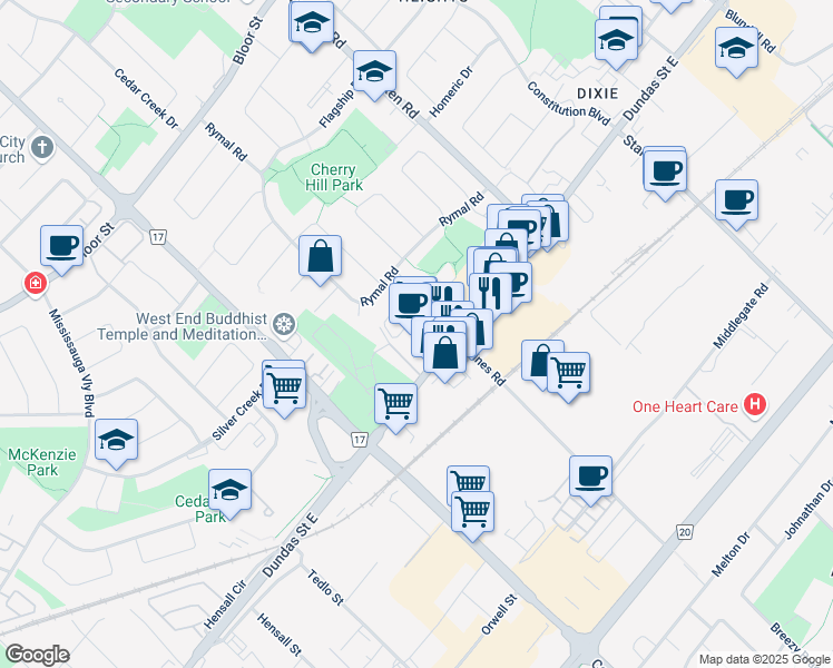 map of restaurants, bars, coffee shops, grocery stores, and more near in Mississauga
