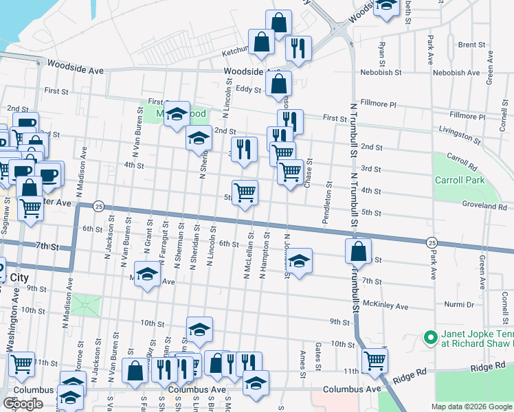 map of restaurants, bars, coffee shops, grocery stores, and more near 803 North McLellan Street in Bay City