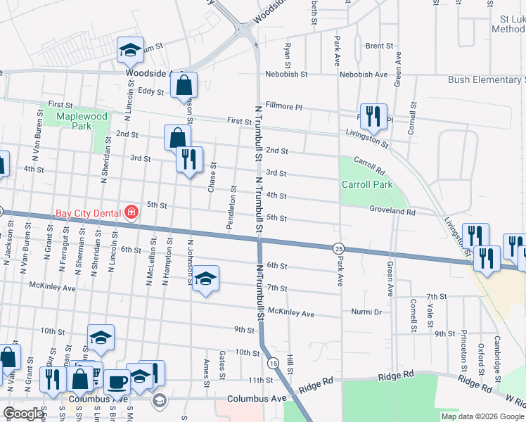 map of restaurants, bars, coffee shops, grocery stores, and more near 2115 5th Street in Bay City