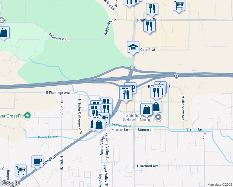 map of restaurants, bars, coffee shops, grocery stores, and more near 4424 East Flamingo Avenue in Nampa