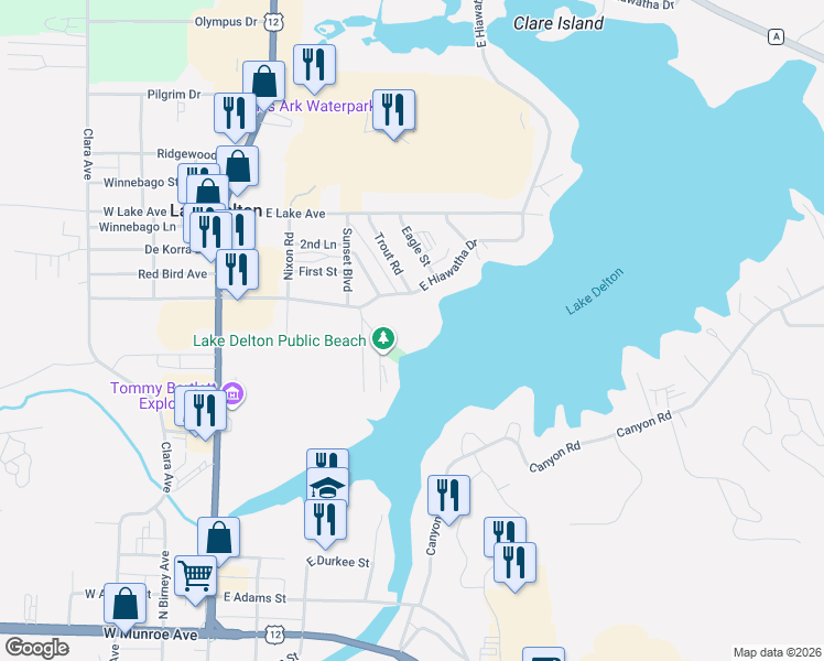 map of restaurants, bars, coffee shops, grocery stores, and more near 350 East Hiawatha Drive in Wisconsin Dells