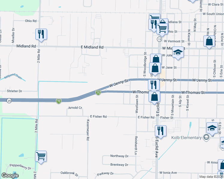 map of restaurants, bars, coffee shops, grocery stores, and more near 1608 West Thomas Street in Bay City