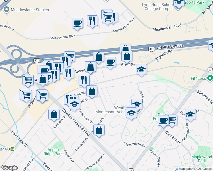 map of restaurants, bars, coffee shops, grocery stores, and more near 2801 Gulfstream Way in Mississauga