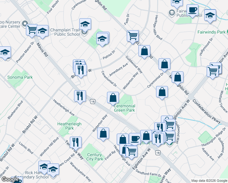 map of restaurants, bars, coffee shops, grocery stores, and more near 5235 Astwell Avenue in Mississauga