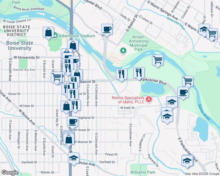 map of restaurants, bars, coffee shops, grocery stores, and more near 1277 Division Avenue in Boise