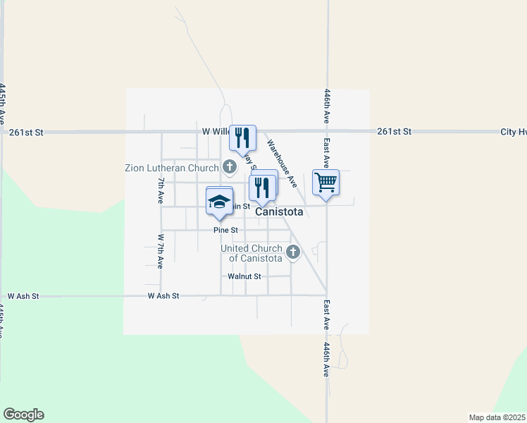map of restaurants, bars, coffee shops, grocery stores, and more near 201 Main Street in Canistota