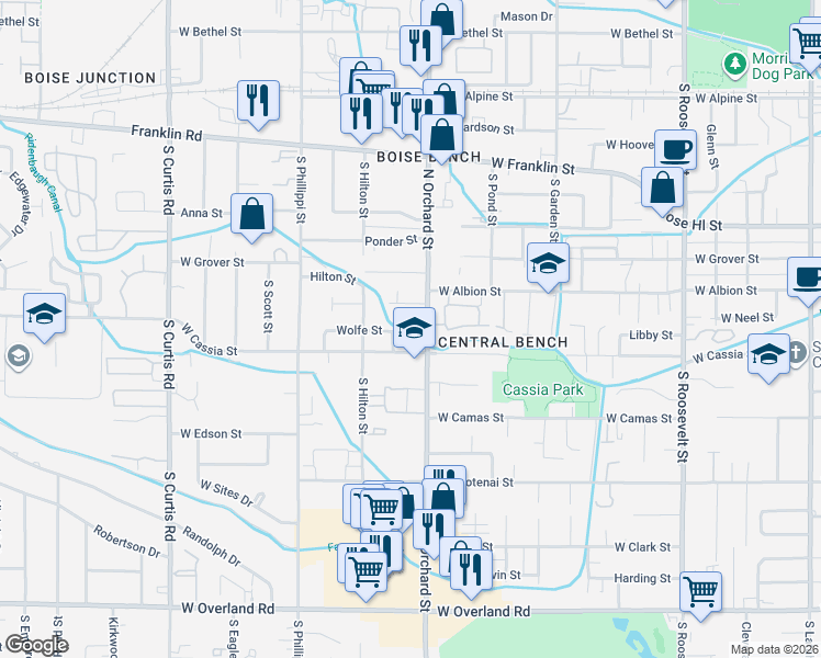 map of restaurants, bars, coffee shops, grocery stores, and more near 799 South Orchard Street in Boise