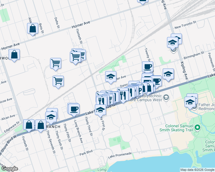 map of restaurants, bars, coffee shops, grocery stores, and more near 80 Daisy Avenue in Toronto